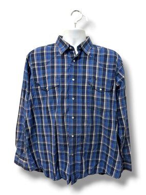 Wrangler Shirt Mens XL Blue Plaid Long Sleeve Snap Western Button Up